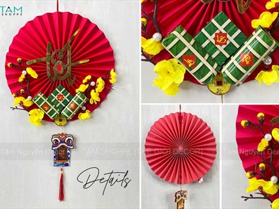 Vòng treo cửa Tết Quạt giấy nhung Đỏ Tết bánh chưng xanh [3 kiểu - Nhẹ] N30cm VTC-T-47